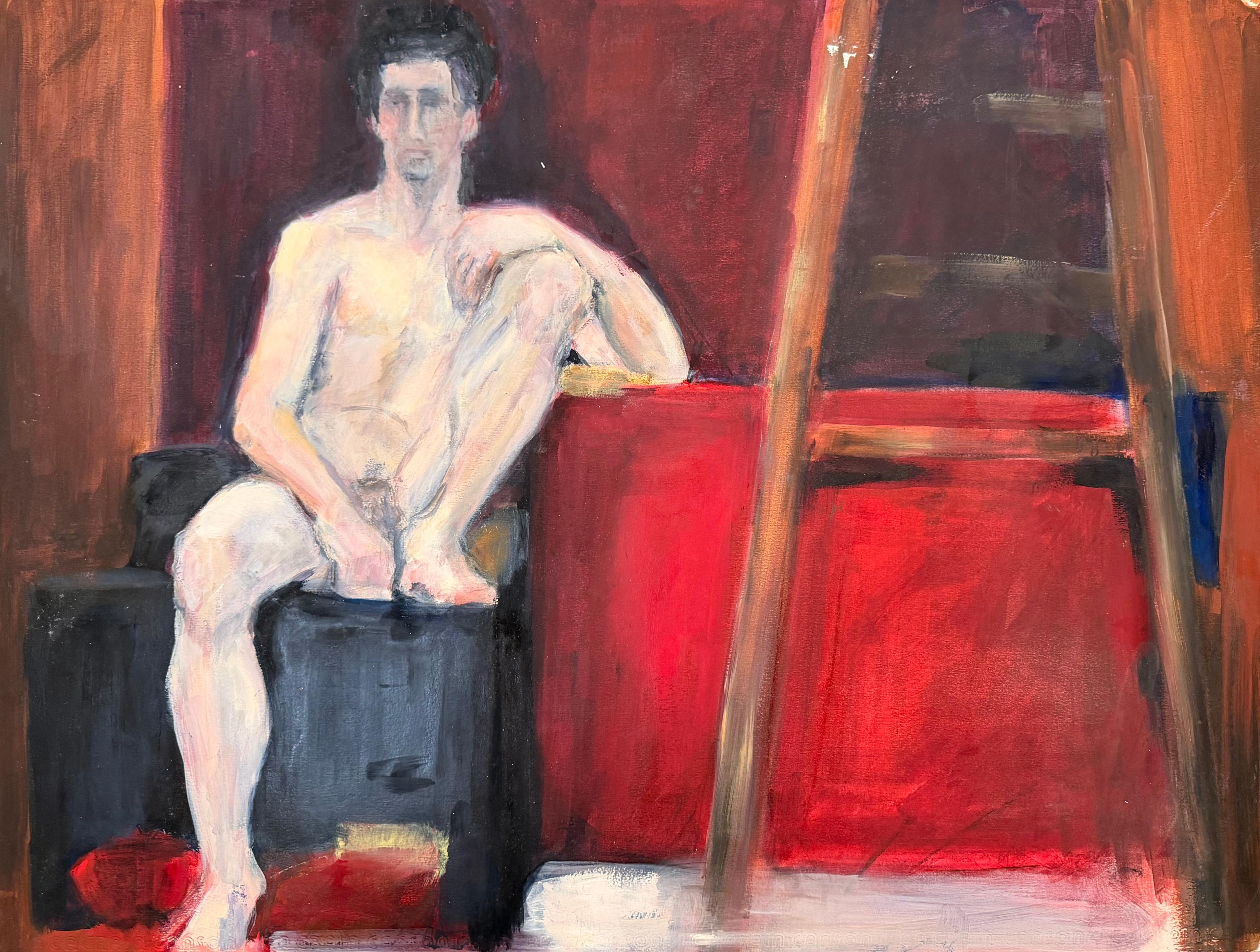 Nude Man Posed On Stall In Red Interior French Modernist Oil Painting