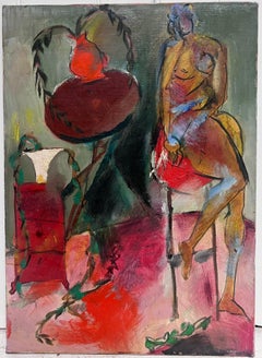 Femme nue dans une chambre de femme rose Peinture à l'huile moderniste française du 20e siècle