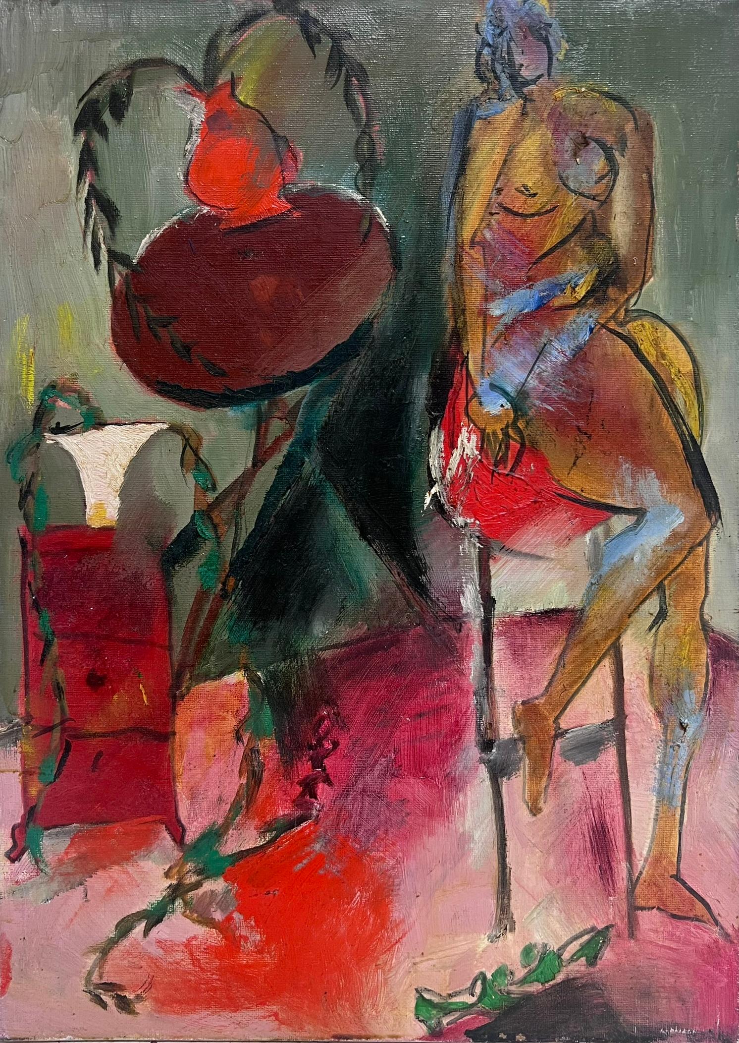 Jacqueline Boisselot Interior Painting - Nude Woman In Pink Female Room 20th Century French Modernist Oil Painting