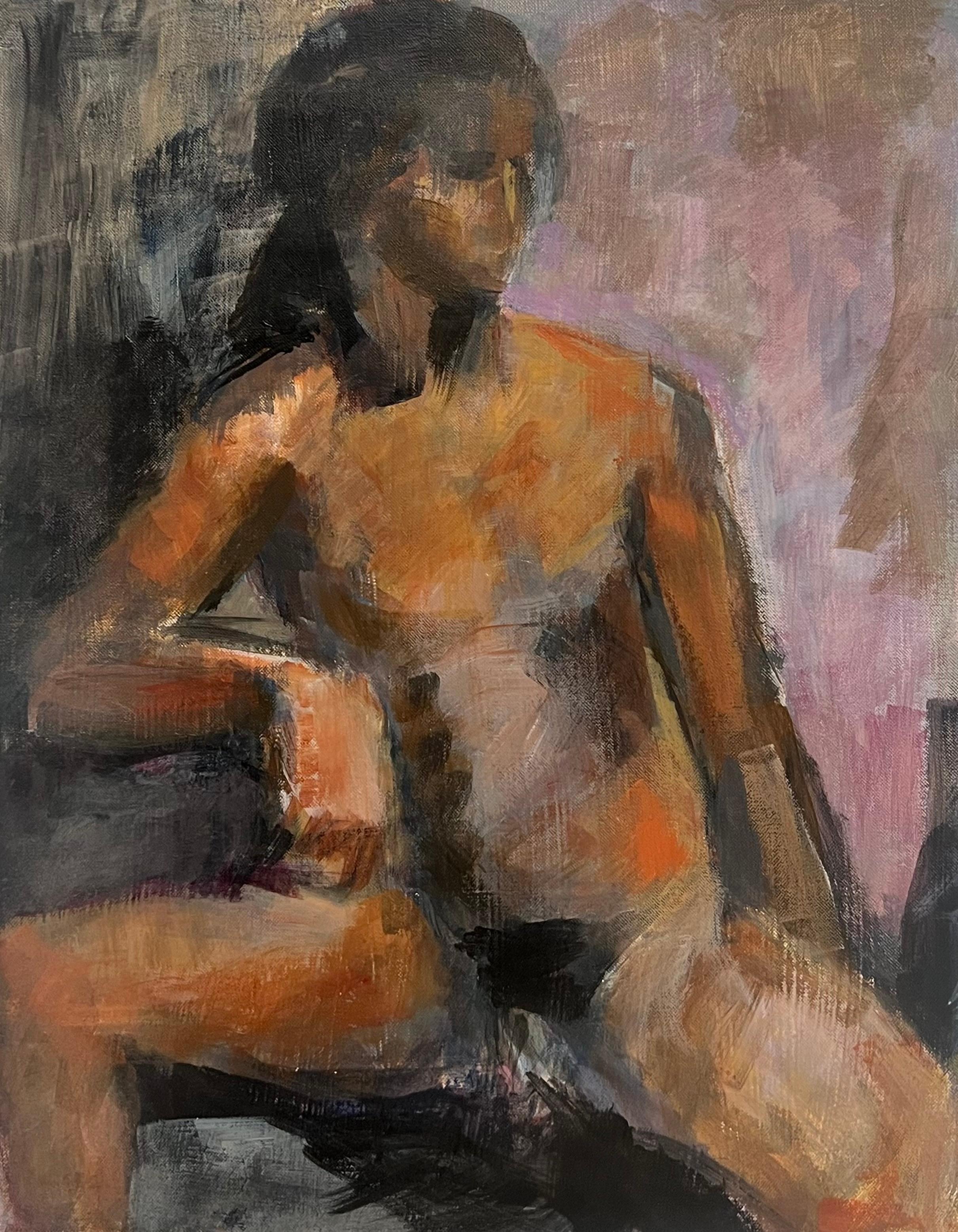 Jacqueline Boisselot Interior Painting - Nude Woman Posted In Purple Interior 20th Century French Modernist Oil Painting