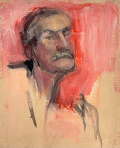 Pink Red Male Portrait with Mustache Expressive French Interior Study Oil Painti