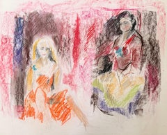 Portrait of a Blonde and Brunette Ladies 20th Century French Modernist Pastel
