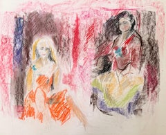 Portrait of a Blonde and Brunette Ladies 20th Century French Modernist Pastel