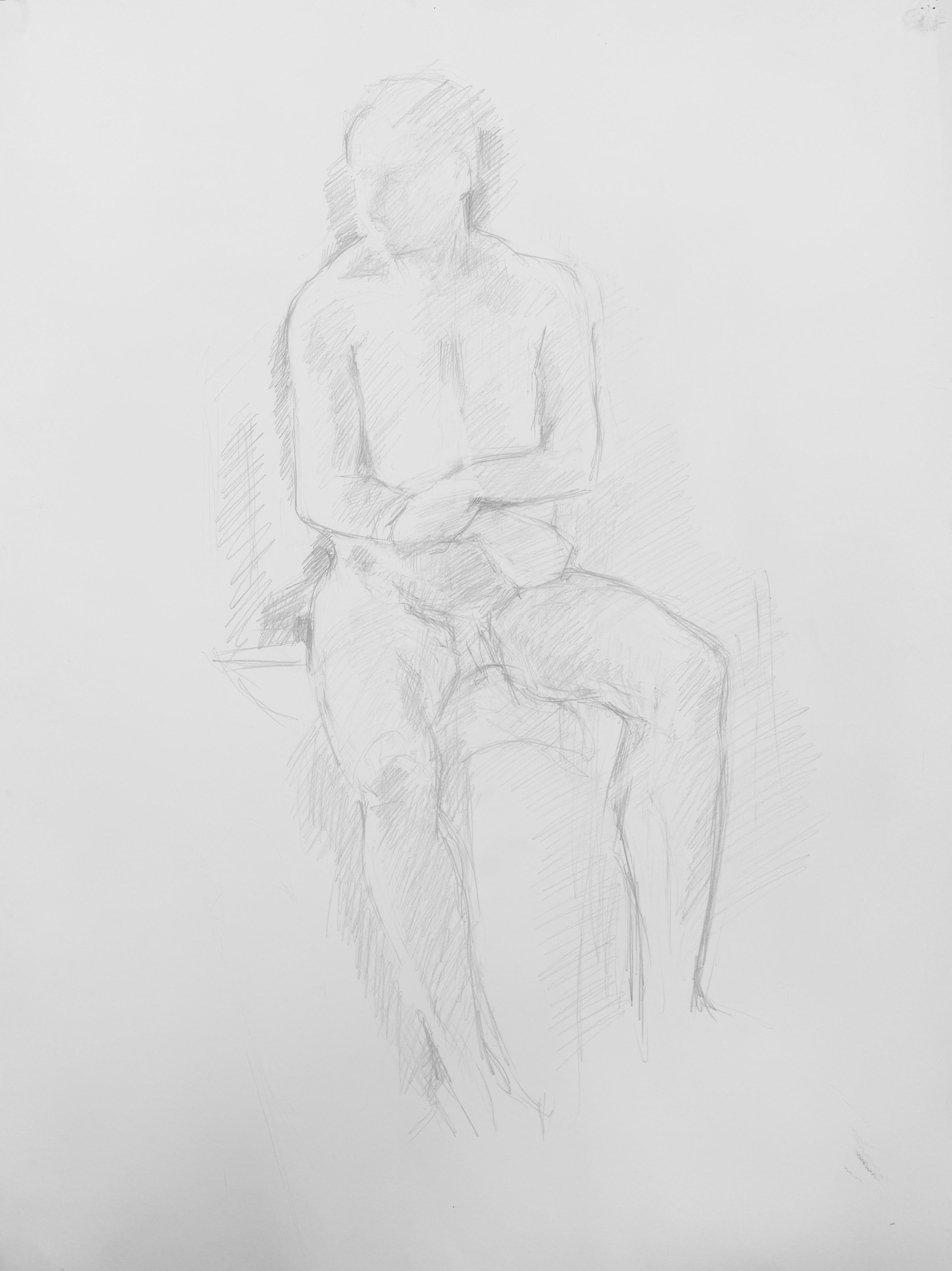 Posed Male Nude Pencil Sketch 20th Modernist Century Drawing