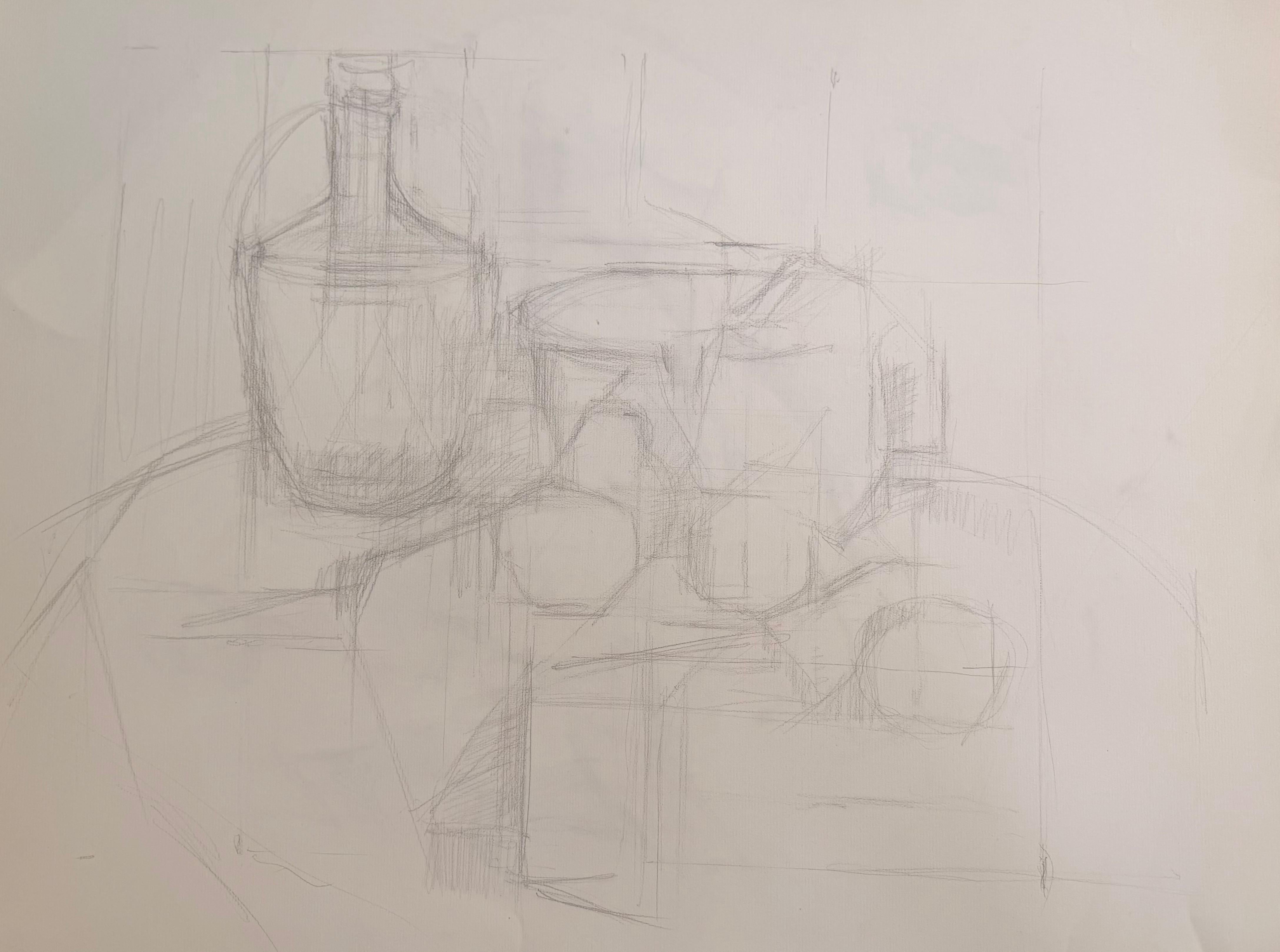 Pottery Abstract Still Life Artists Pencil Sketch 20th Modernist Century Drawing