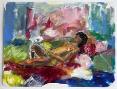 Reclining Female Nude Pink Green Interior French Modernist Oil Painting