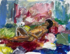 Reclining Female Nude Pink Green Interior French Modernist Oil Painting