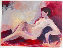 Reclining Female Nude Red Purple Interior Modernist Oil Painting