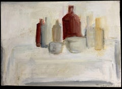 Nature morte moderniste à la française, peinture à l'huile, bouteilles en verre rouges et blanches, Whiting