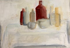 Nature morte moderniste à la française, peinture à l'huile, bouteilles en verre rouges et blanches, Whiting