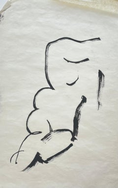 Seated Female Nude Back View French Modernist Ink Figure Drawing