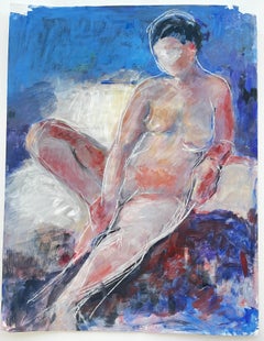 Seated Female Nude Blue Interior French Modernist Acrylic Painting