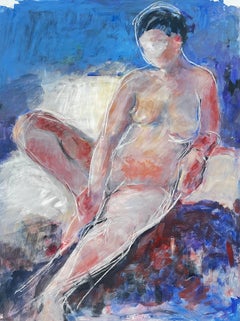 Seated Female Nude Blue Interior French Modernist Acrylic Painting