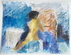 Seated Female Nude Blue Interior French Modernist Mixed Media