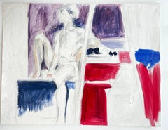 Peinture acrylique moderniste française représentant un nu féminin assis dans un intérieur violet