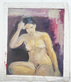 Seated Female Nude Purple Pink Interior French Modernist Oil Painting