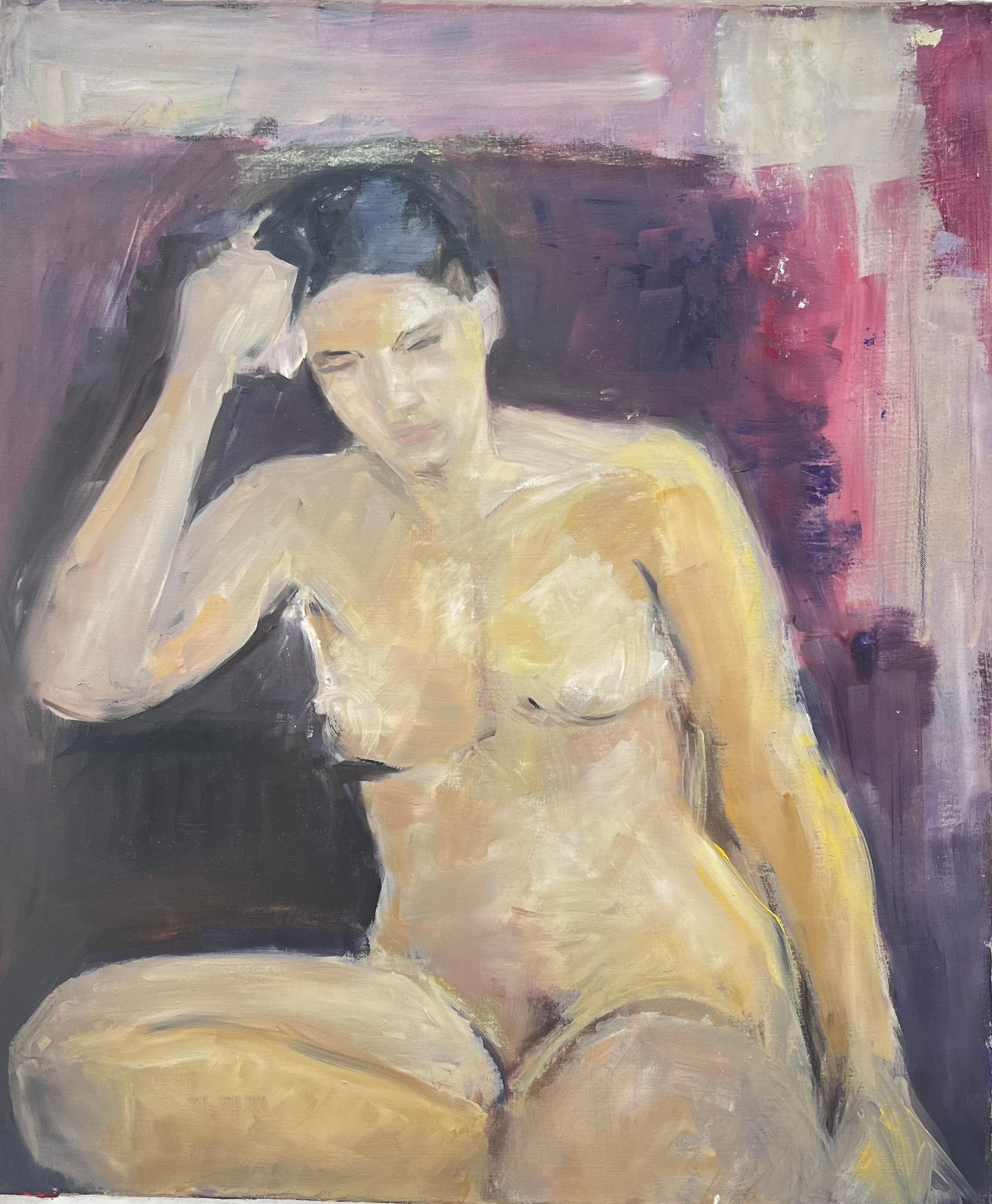 Jacqueline Boisselot Figurative Painting - Seated Female Nude Purple Pink Interior French Modernist Oil Painting