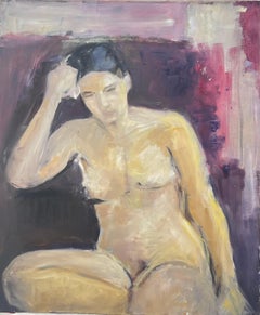 Seated Female Nude Purple Pink Interior French Modernist Oil Painting