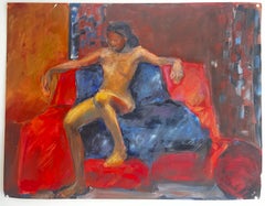 Seated Female Nude Red Blue Interior French Modernist Oil Painting