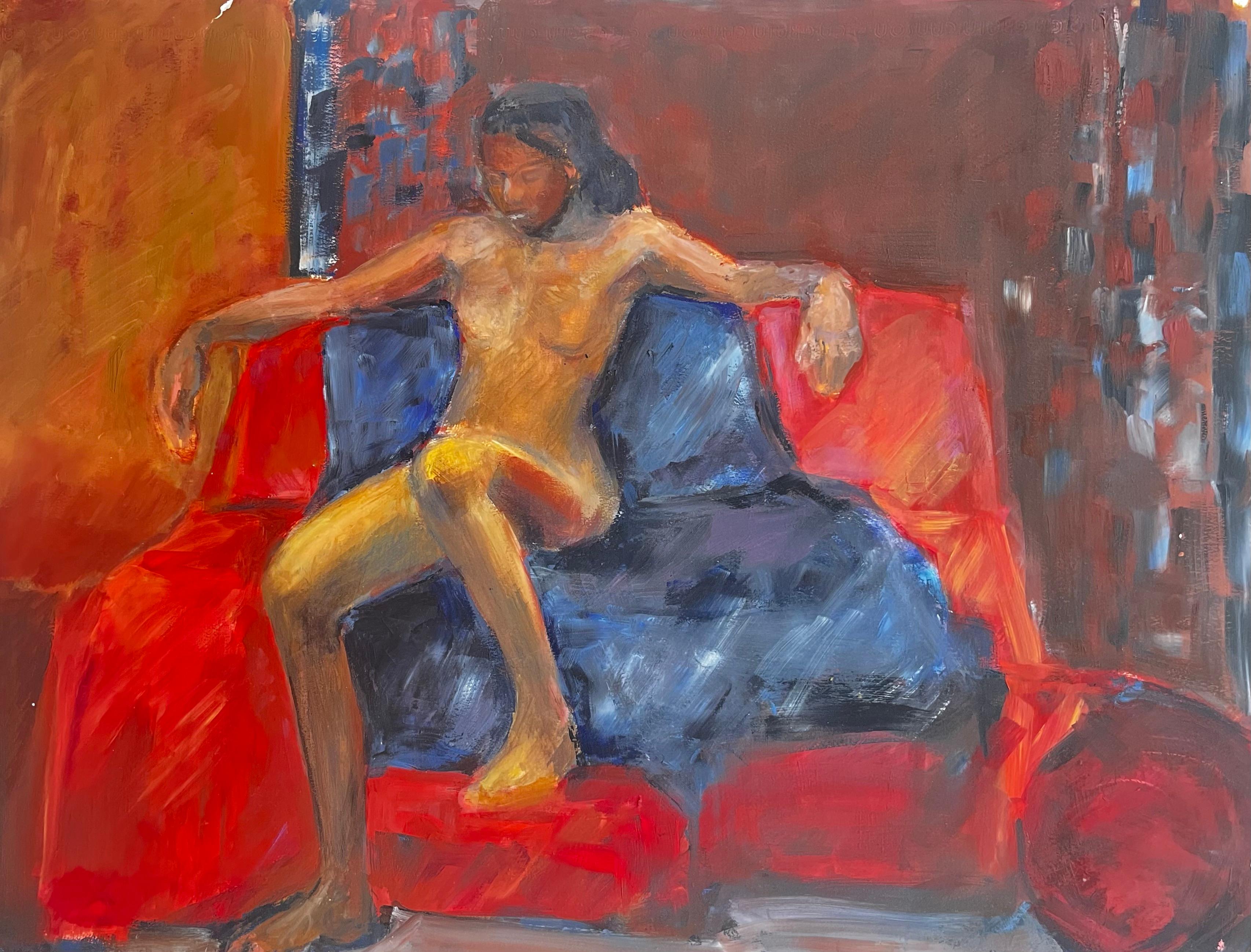 Seated Female Nude Red Blue Interior French Modernist Oil Painting