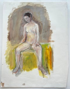 Dipinto a olio in stile modernista francese: nudo femminile seduto in un interno giallo
