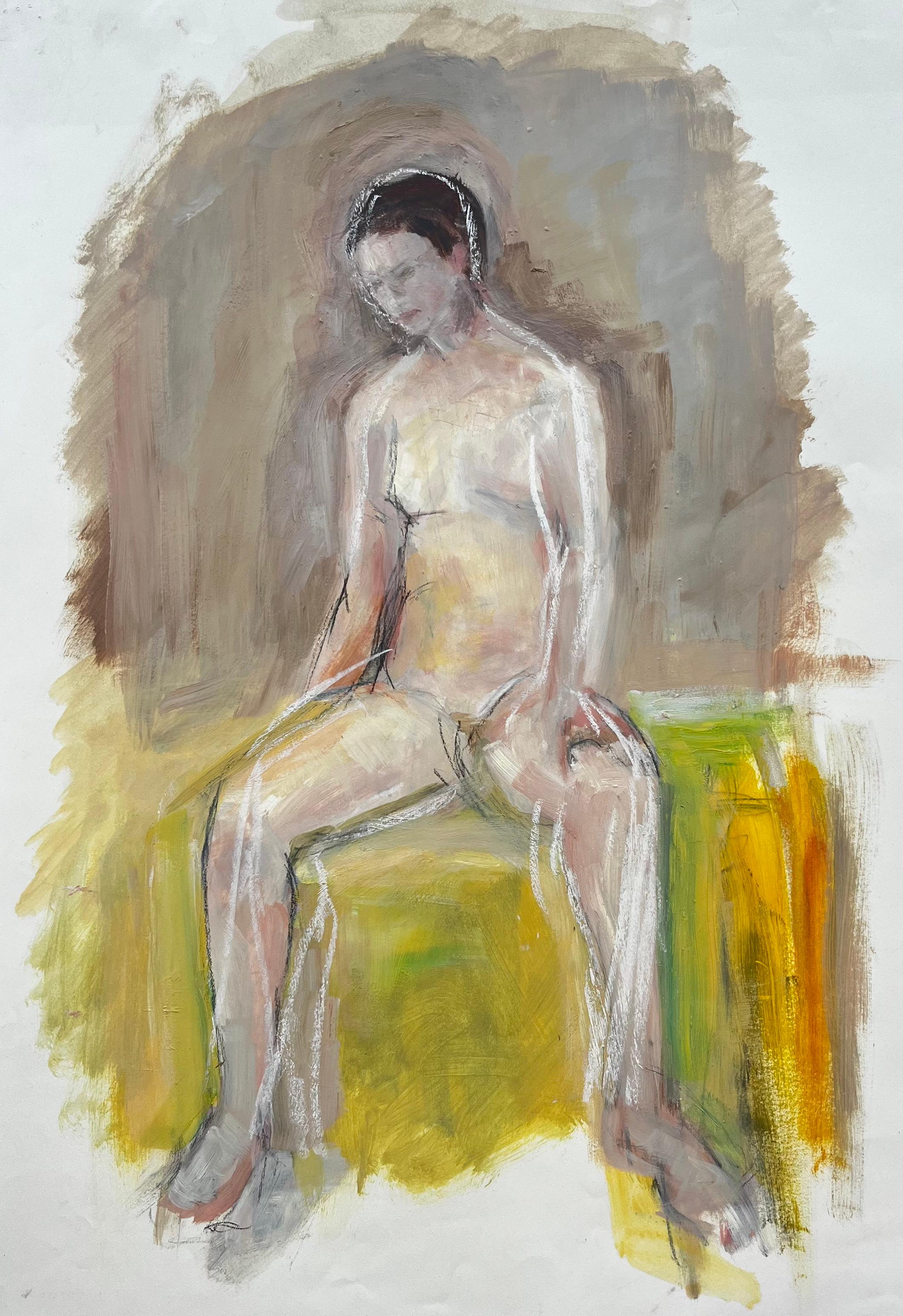 Seated Female Nude Yellow Interior French Modernist Oil Painting