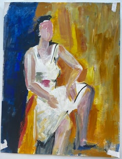 Sitzende Frau in weißem Kleid – Blau-Ocker-Interieur – modernistisches Ölgemälde