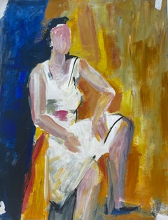 Sitzende Frau in weißem Kleid – Blau-Ocker-Interieur – modernistisches Ölgemälde