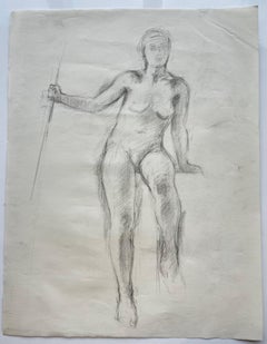 Signed French Modernist Female Nude Figure Pencil Life Drawing