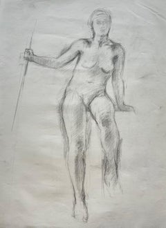 Signed French Modernist Female Nude Figure Pencil Life Drawing