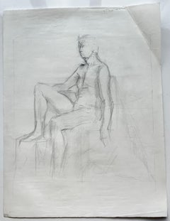 Signed French Modernist Seated Male Nude Figure Pencil Life Drawing