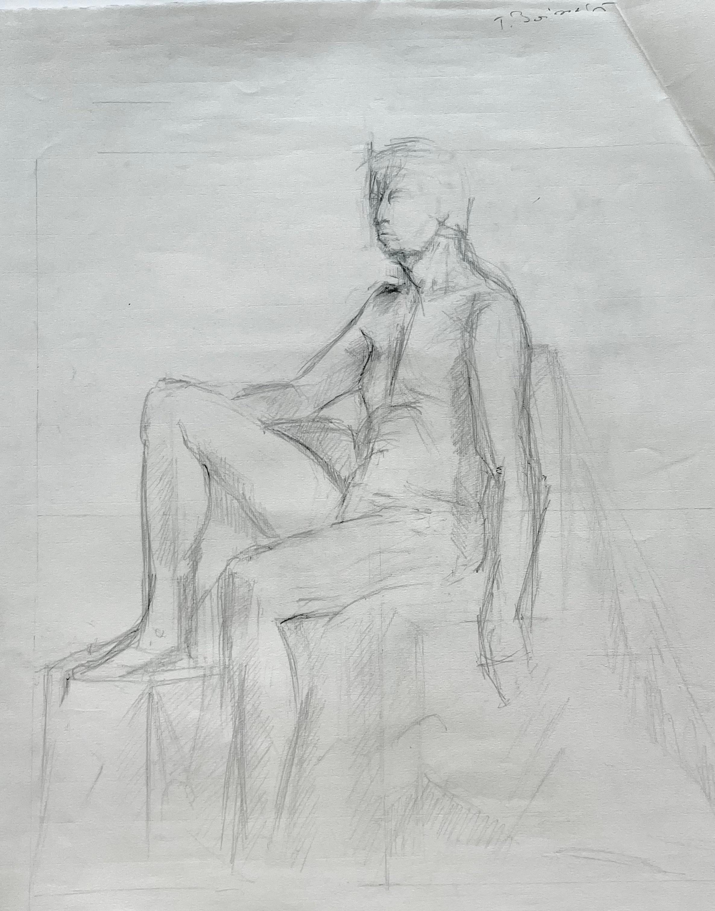 Jacqueline Boisselot Nude – Signierte Bleistift-Aktzeichnung eines sitzenden männlichen Aktmodells aus der französischen Moderne