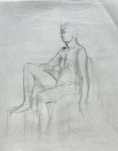 Signed French Modernist Seated Male Nude Figure Pencil Life Drawing