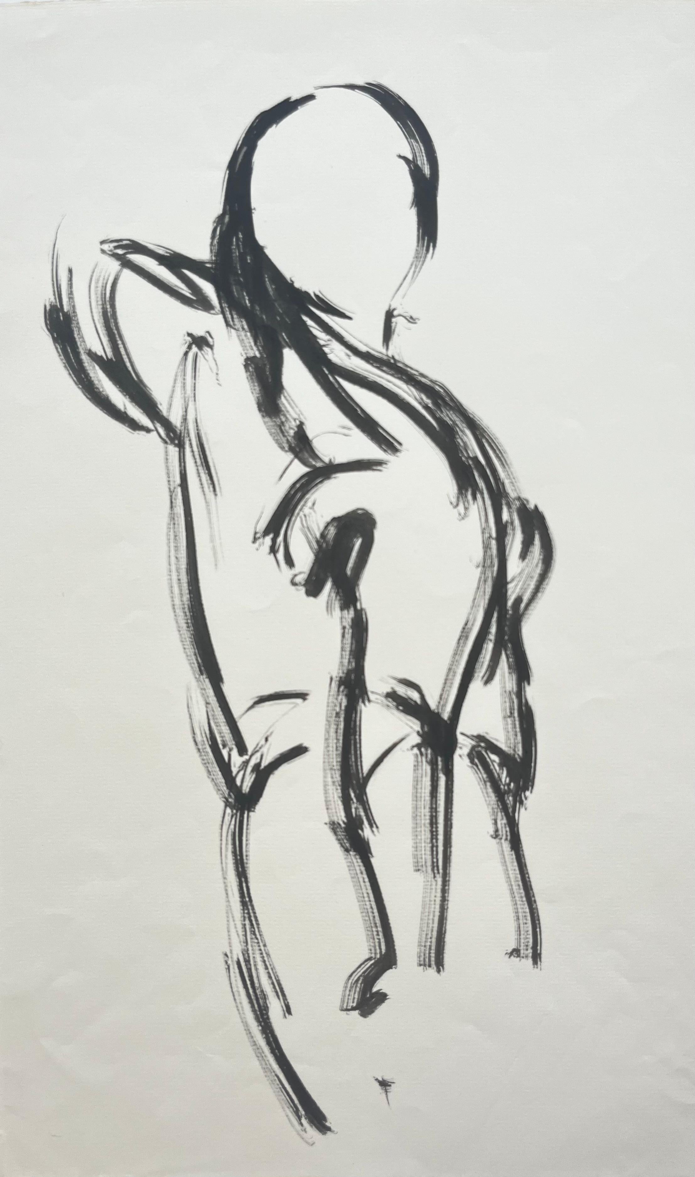 Standing Female Nude Back View French Modernist Acrylic Figure Drawing - Art by Jacqueline Boisselot