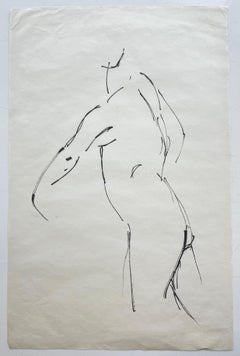 Standing Female Nude Side View French Modernist Ink Figure Drawing