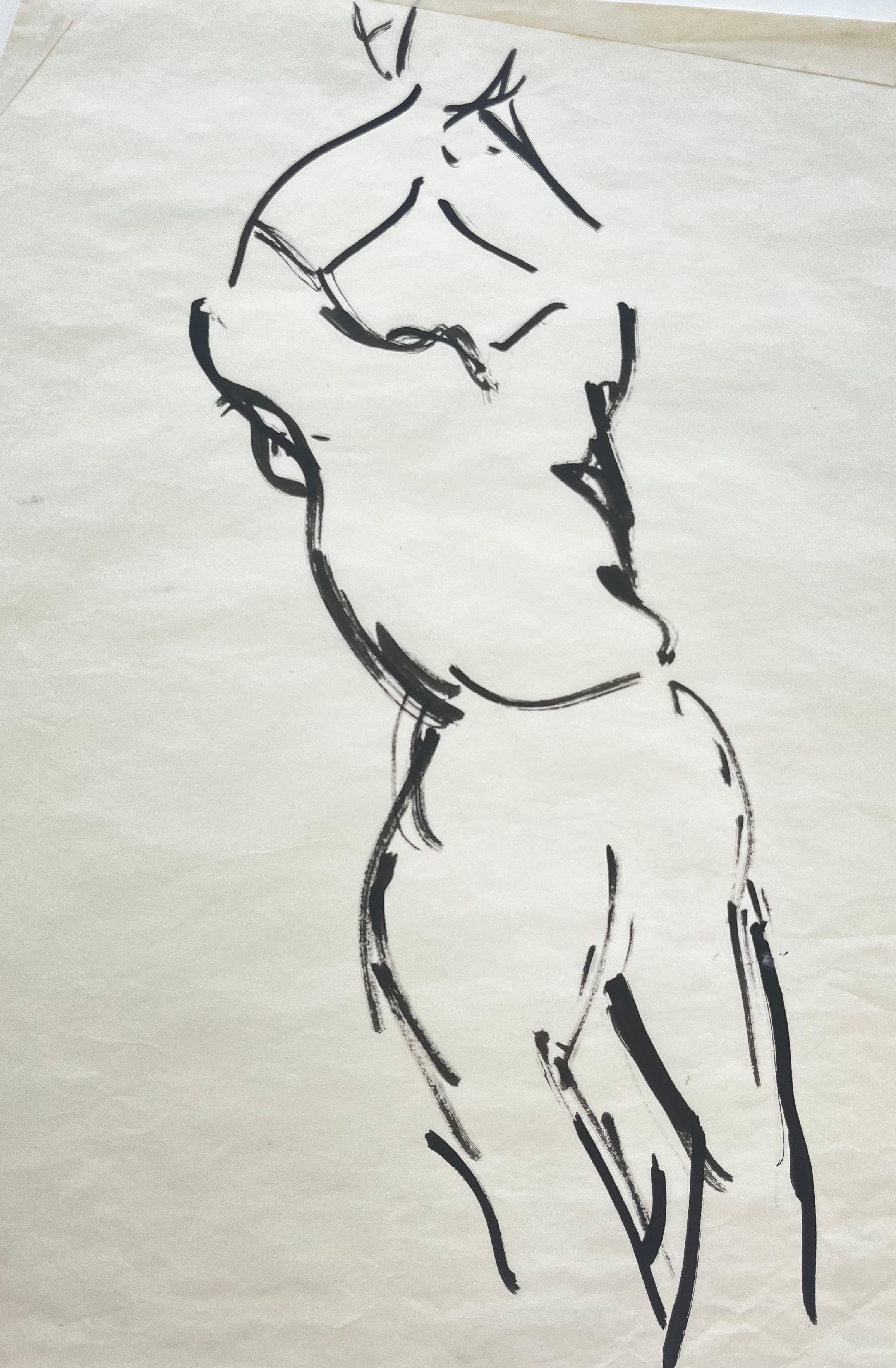 Standing Male Nude Back View French Modernist Ink Figure Drawing