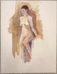 Pittura ad olio modernista francese del XX secolo con nudo femminile in piedi e luce marrone