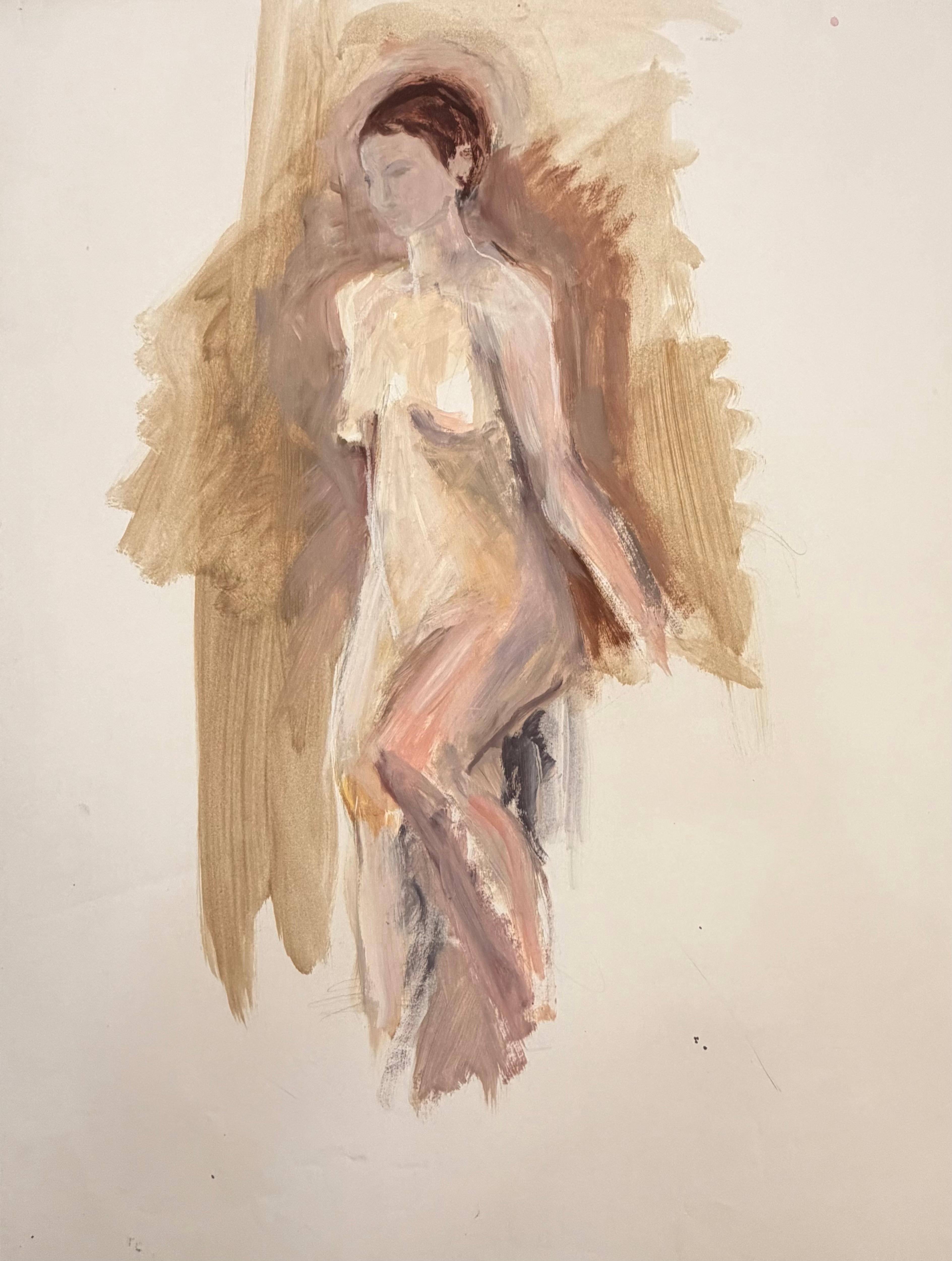 Nude Painting di Jacqueline Boisselot - Pittura ad olio modernista francese del XX secolo con nudo femminile in piedi e luce marrone