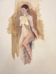 Pittura ad olio modernista francese del XX secolo con nudo femminile in piedi e luce marrone
