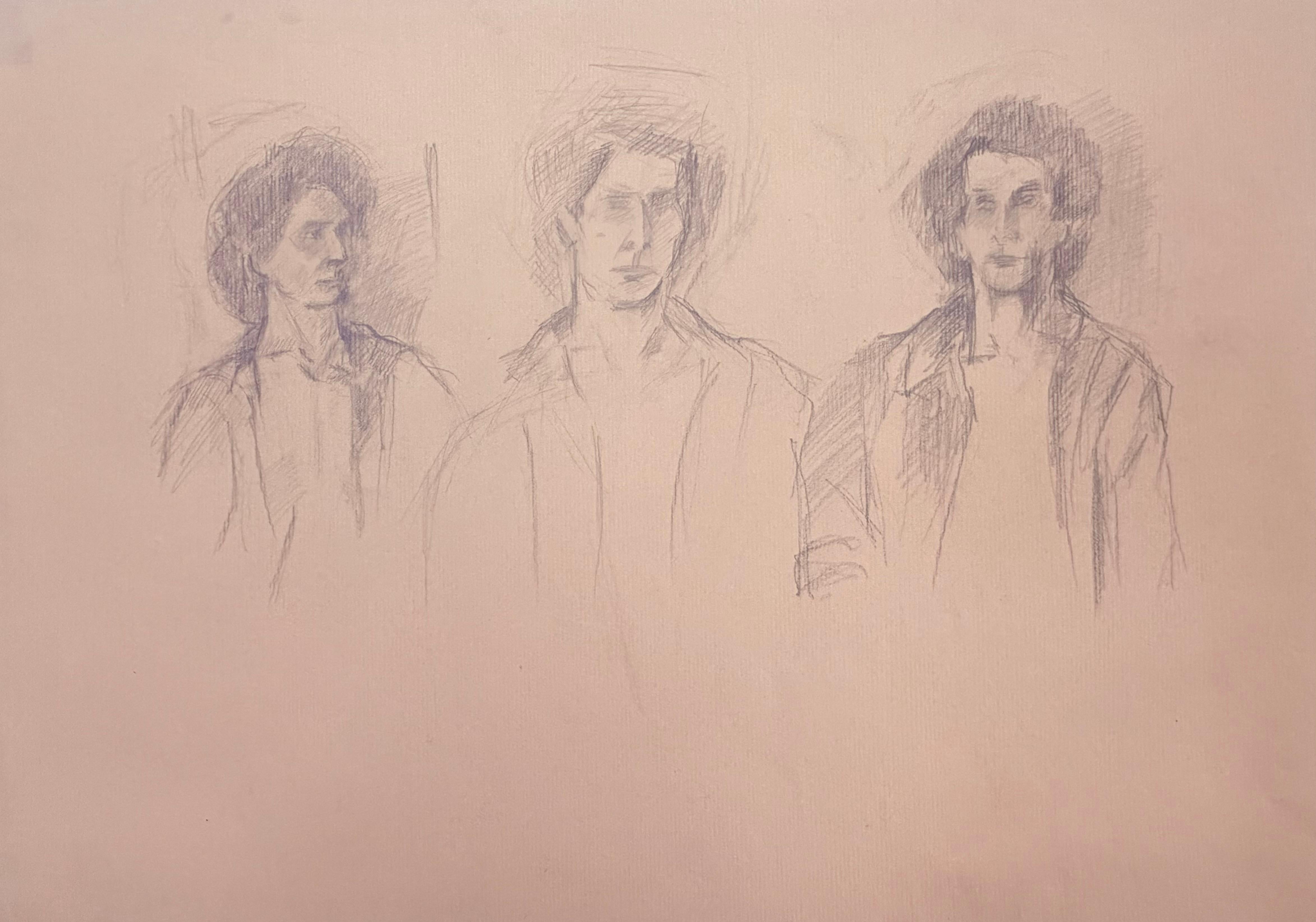 Three Portrait Pencil Sketches 20th Modernist Century Drawing