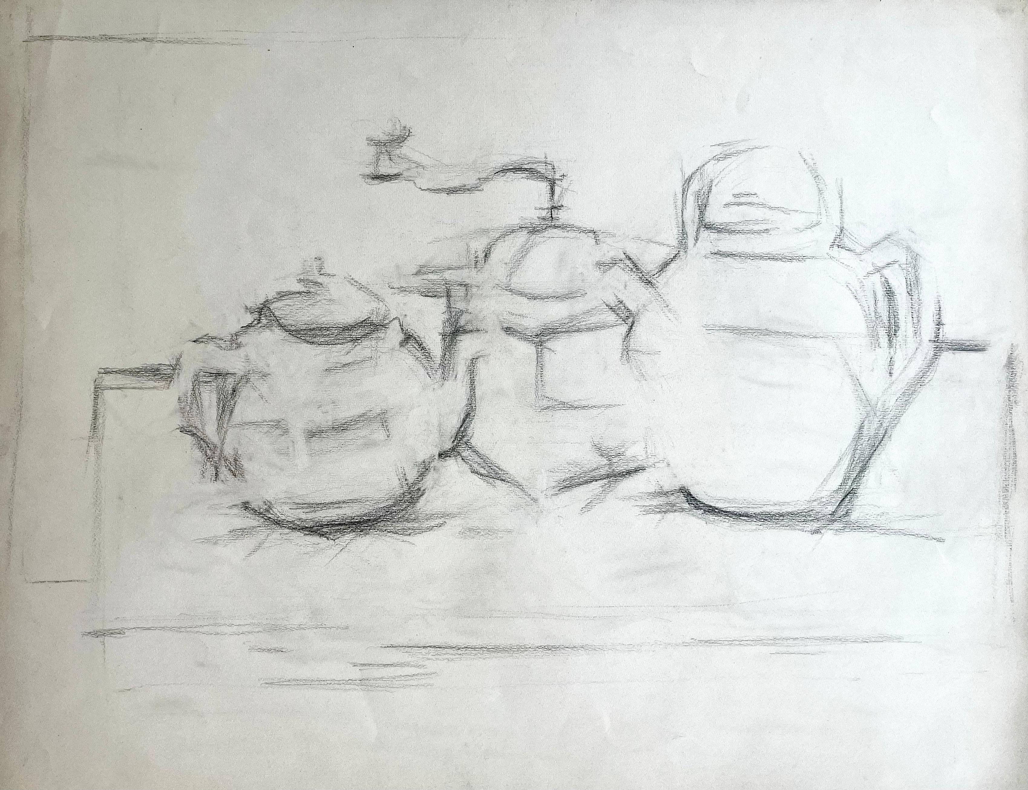 Abstract Painting de Jacqueline Boisselot - Dibujo modernista francés al grafito de un bodegón con tres teteras y una tetera
