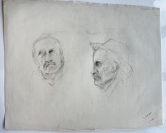 Two Male Portrait Studies French Modernist Pencil Drawing