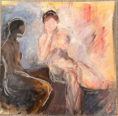 Two Nude Figures Posed In Bright Room 20th Century French Modernist Oil Painting