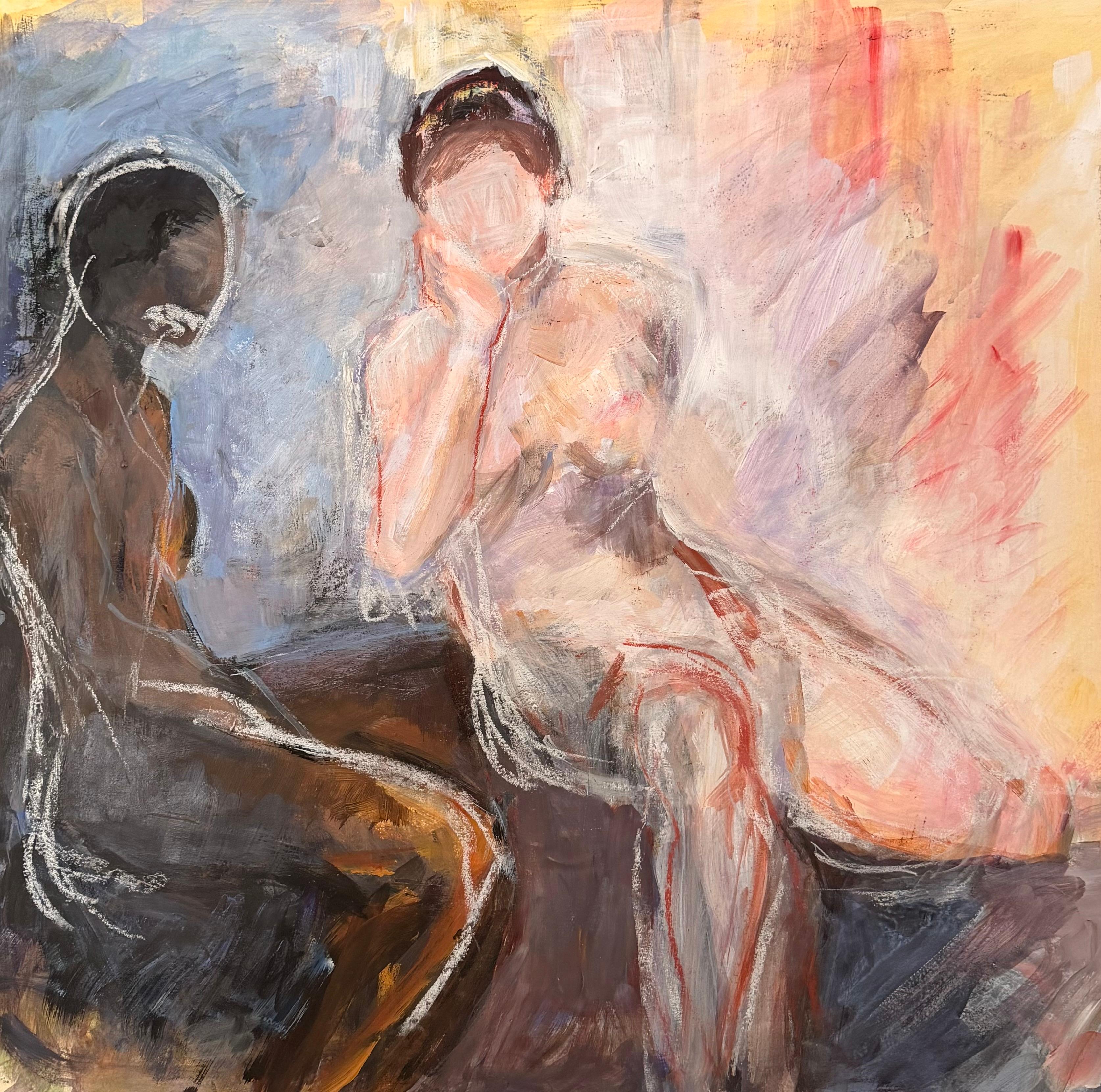 Two Nude Figures Posed In Bright Room 20th Century French Modernist Oil Painting