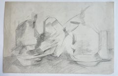 Dessin au graphite représentant une nature morte moderniste française : deux récipients et un drapé plissé