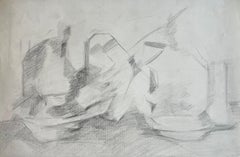 Two Vessels and Folded Drapery French Modernist Graphite Still Life Drawing