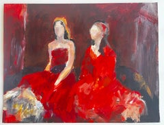Two Women in Red Dresses French Modernist Oil Figure Painting