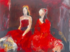 Two Women in Red Dresses French Modernist Oil Figure Painting