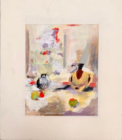 Vaso e frutta in un interno di luce astratta Pittura ad olio modernista del XX secolo