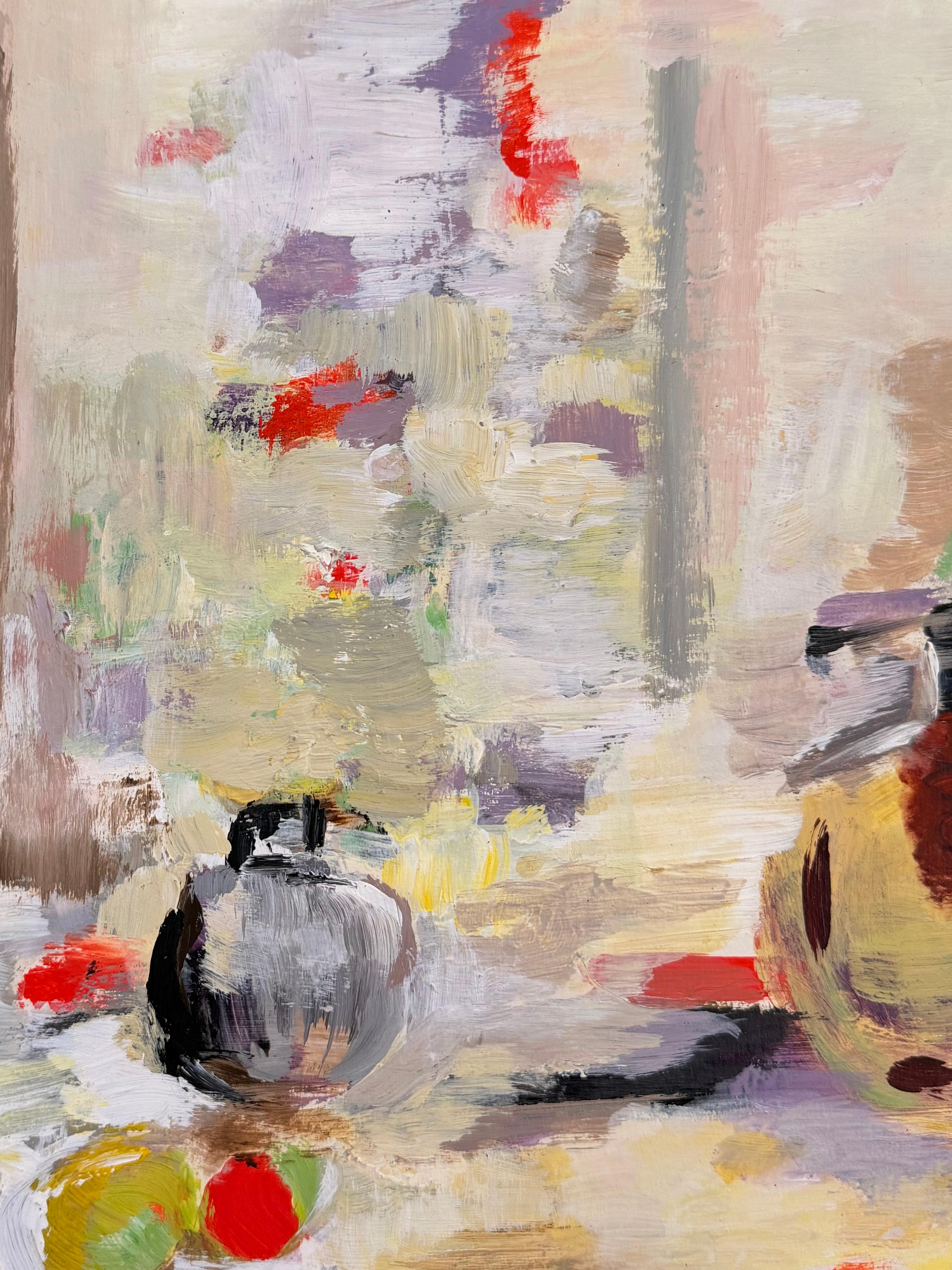 Jacqueline Boisselot Abstract Painting - Vase and Fruit In Abstract Light Interior Modernist 20th Century Oil Painting